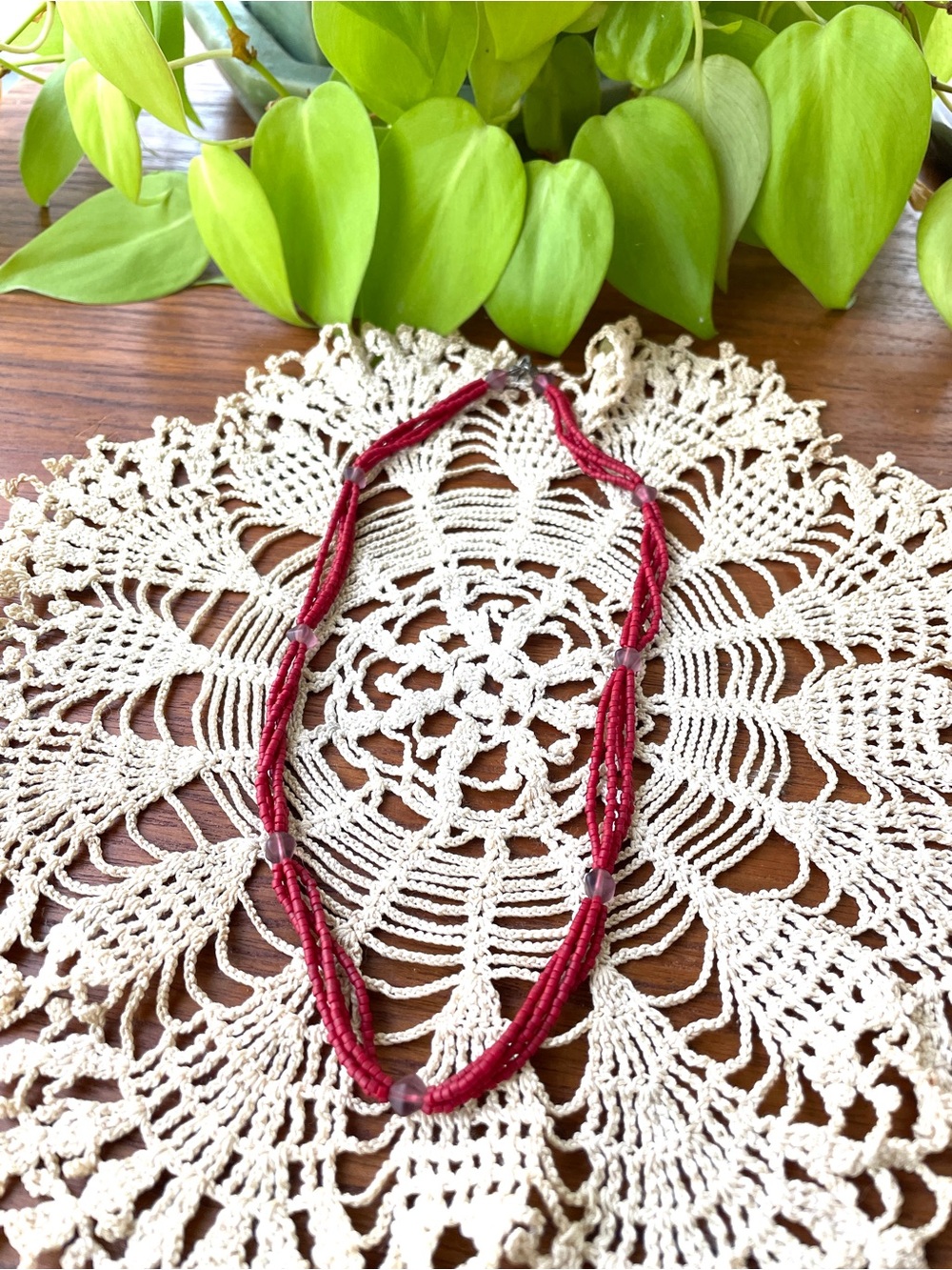 Multistrand Red Seed Beaded Necklace - 925 Clasp